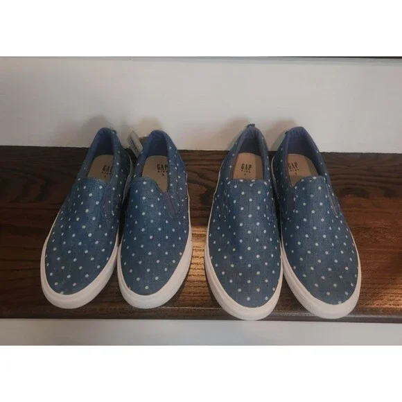 NEW- 2 Pair Lot-GAP Kids Girls Slip-on Sneakers Blue Denim Polka Dot Print-5 & 3 - Picture 1 of 16